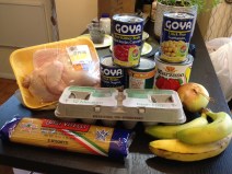 I played it safe and left myself some wiggle room for the rest of the week. Contents: Half a chicken, black beans, chick peas, kidney beans, corn, 1 onion, 3 bananas, dozen eggs, 1lb of pasta, and 1 large can of crushed tomato  